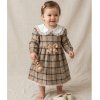 KWD06: Baby Girls Beige Tartan Bow Dress With Lace Trim & Lining (0-4 years, Made in UK)